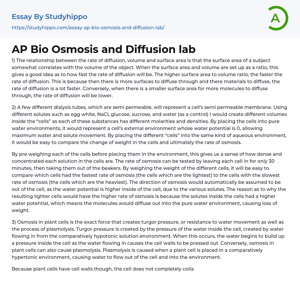 AP Bio Osmosis and Diffusion lab Essay Example