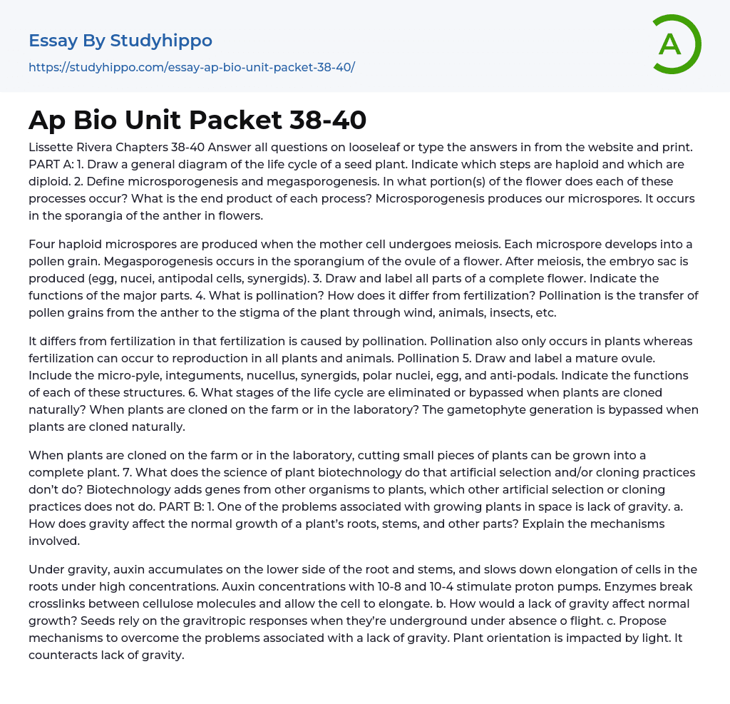 Ap Bio Unit Packet 38-40 Essay Example