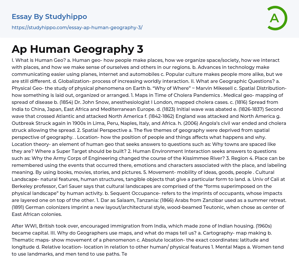 Ap Human Geography 3 Essay Example