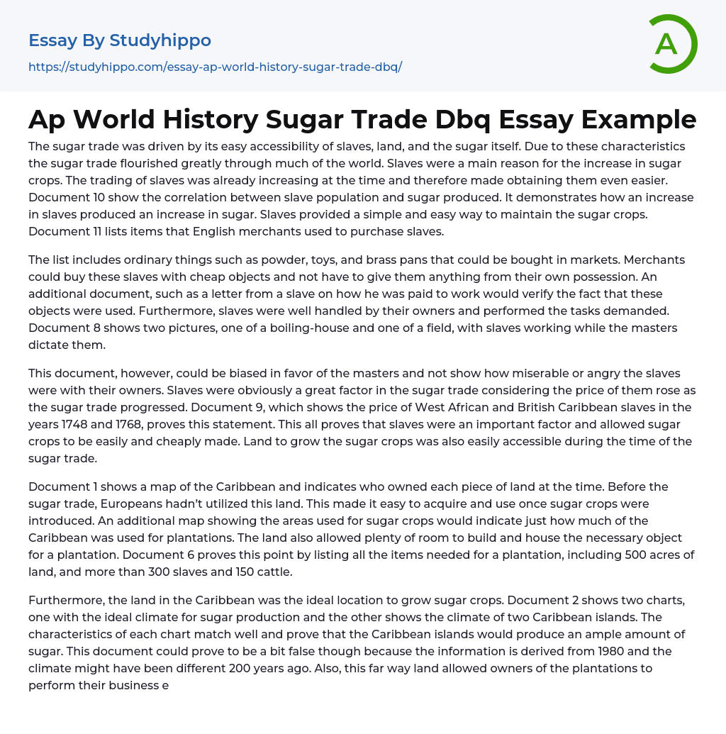 Ap World History Sugar Trade Dbq Essay Example