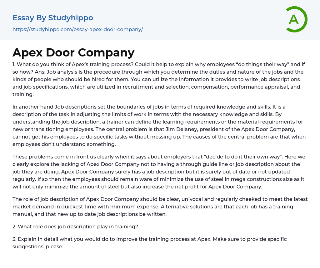 Apex Door Company Essay Example