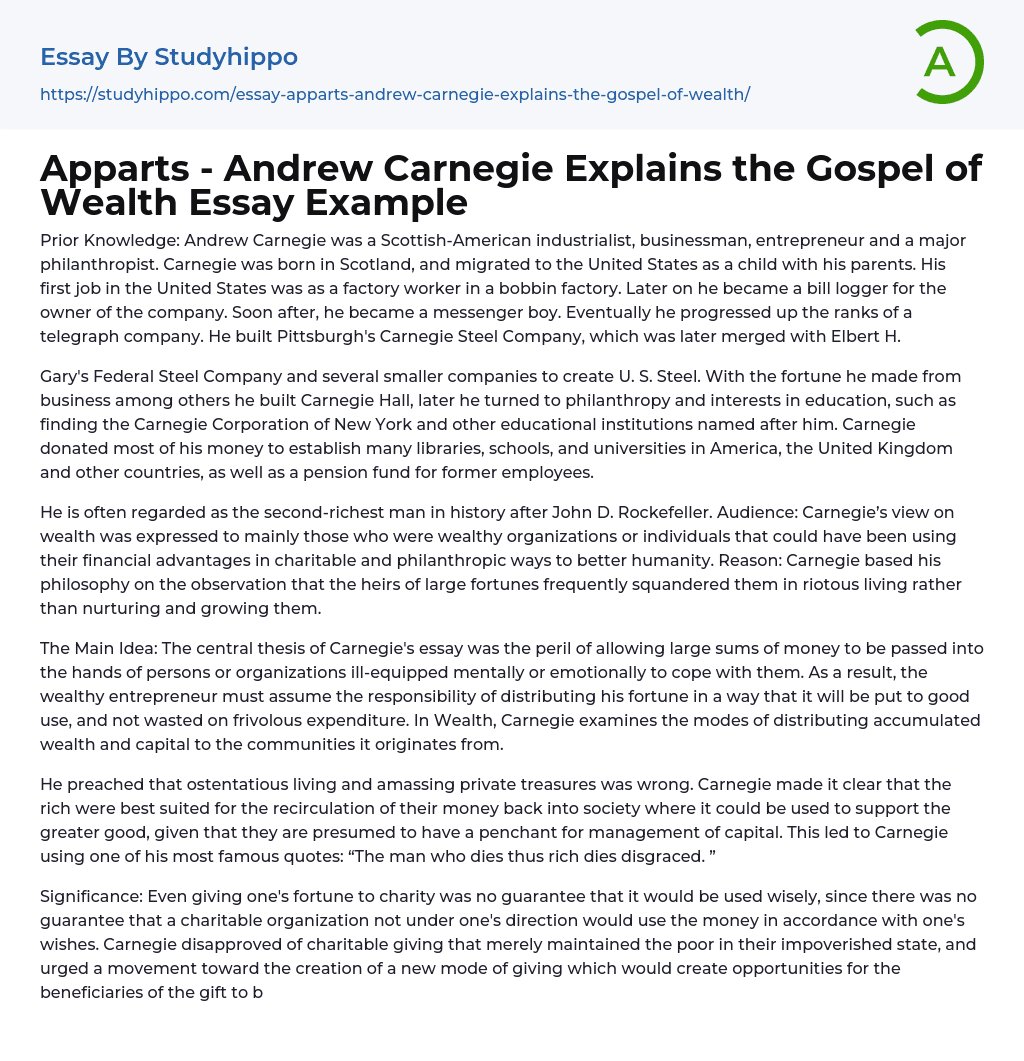 Apparts – Andrew Carnegie Explains the Gospel of Wealth Essay Example