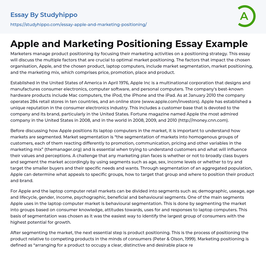 Apple and Marketing Positioning Essay Example