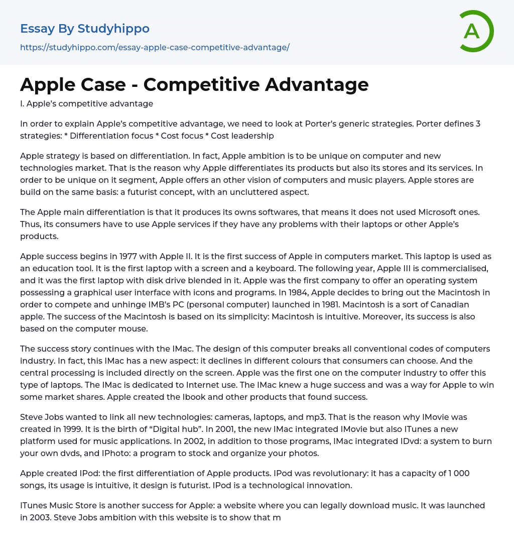 Apple Case – Competitive Advantage Essay Example