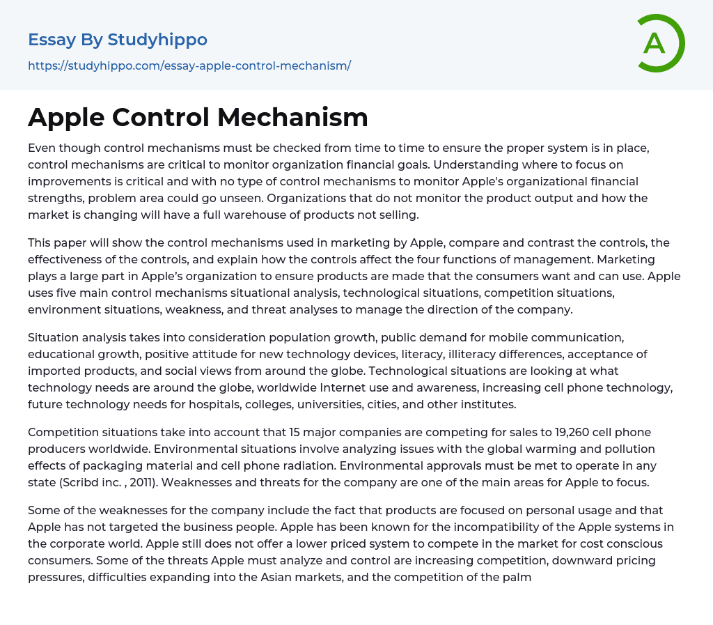 Apple Control Mechanism Essay Example