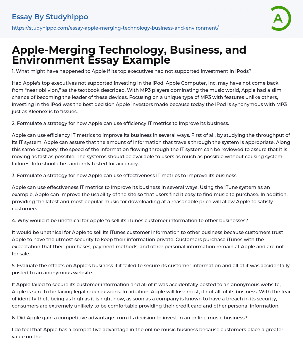 Apple-Merging Technology, Business, and Environment Essay Example