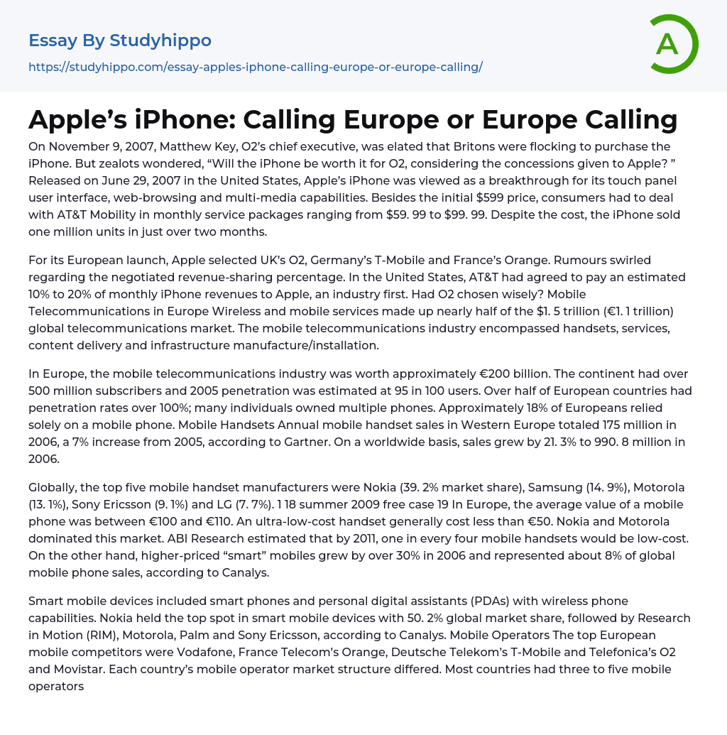 Apple’s iPhone: Calling Europe or Europe Calling Essay Example