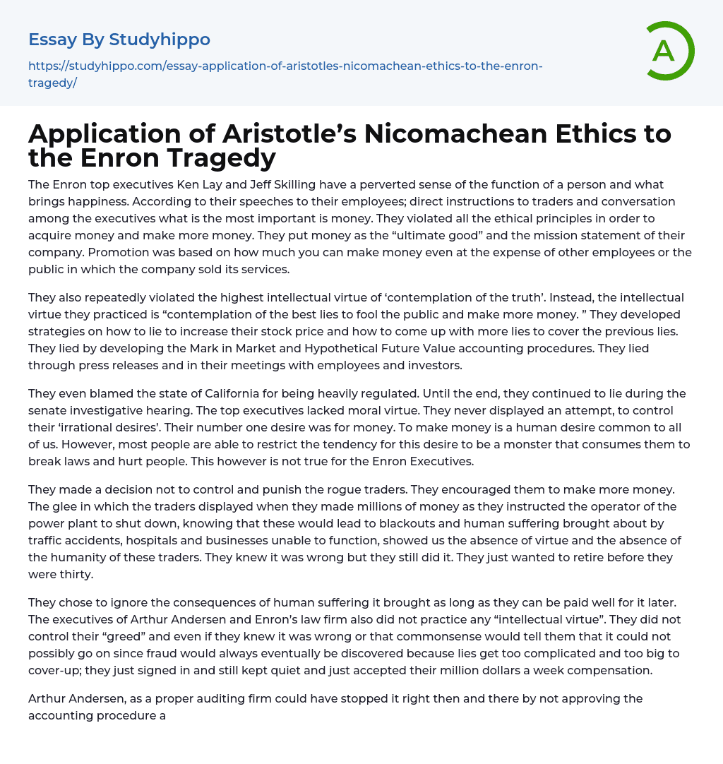 Application of Aristotle’s Nicomachean Ethics to the Enron Tragedy Essay Example