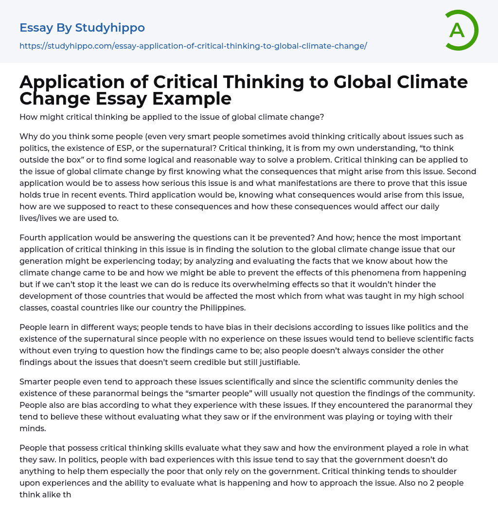 Application of Critical Thinking to Global Climate Change Essay Example