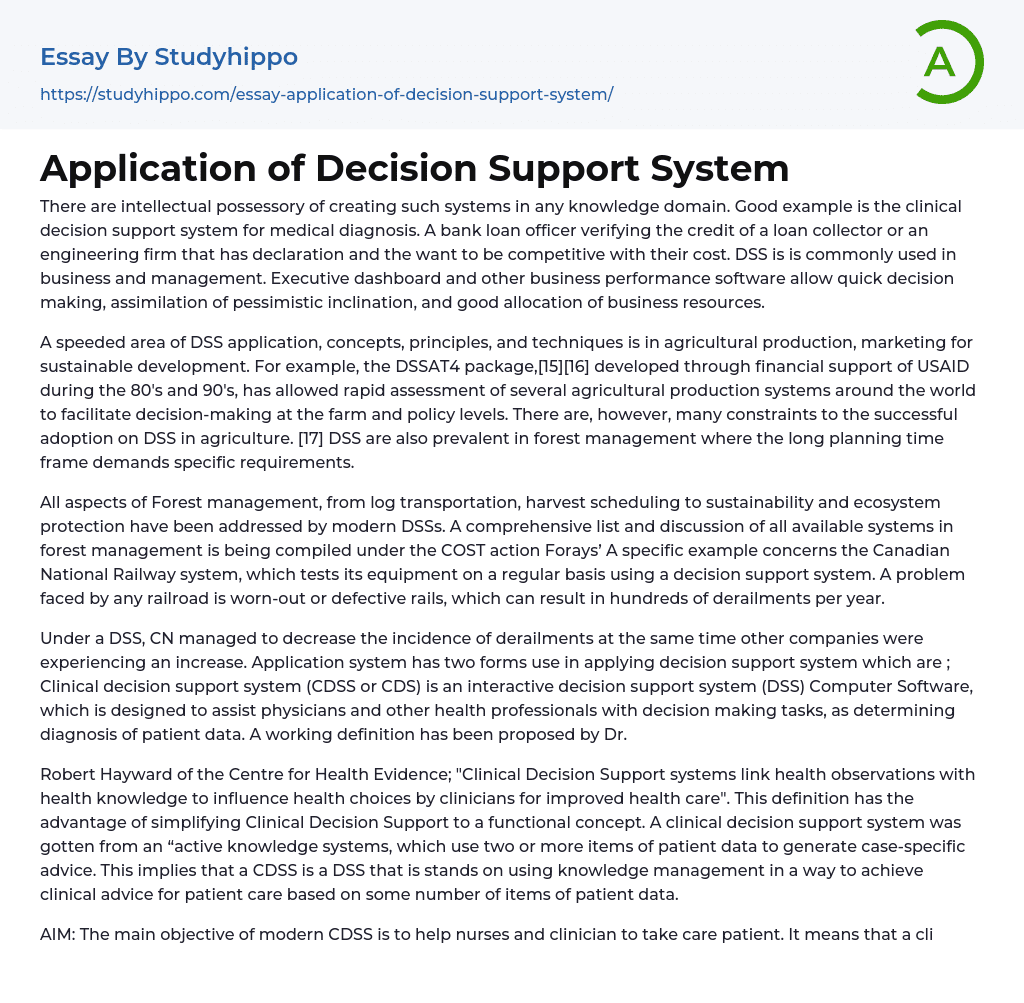 Application of Decision Support System Essay Example