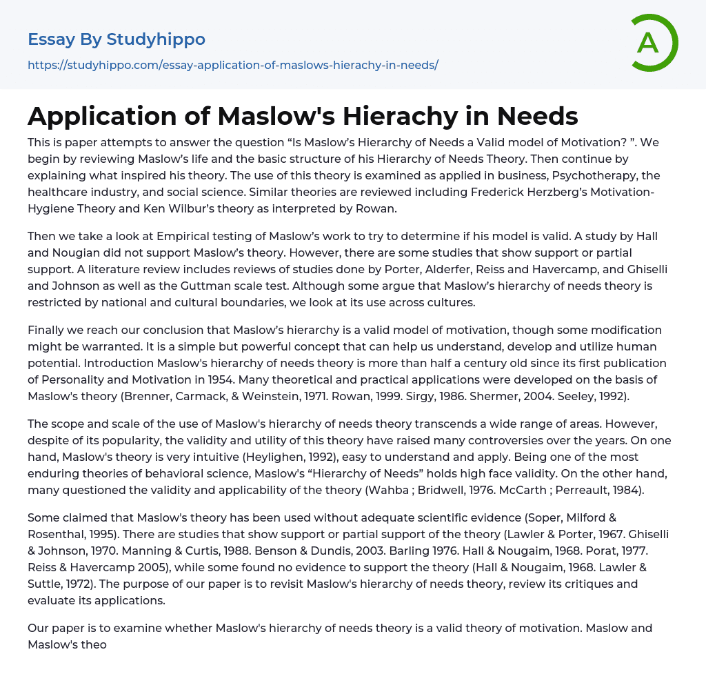 Application of Maslow’s Hierachy in Needs Essay Example