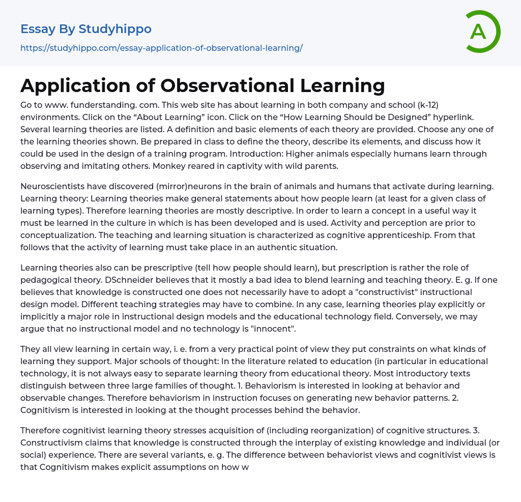 Application of Observational Learning Essay Example