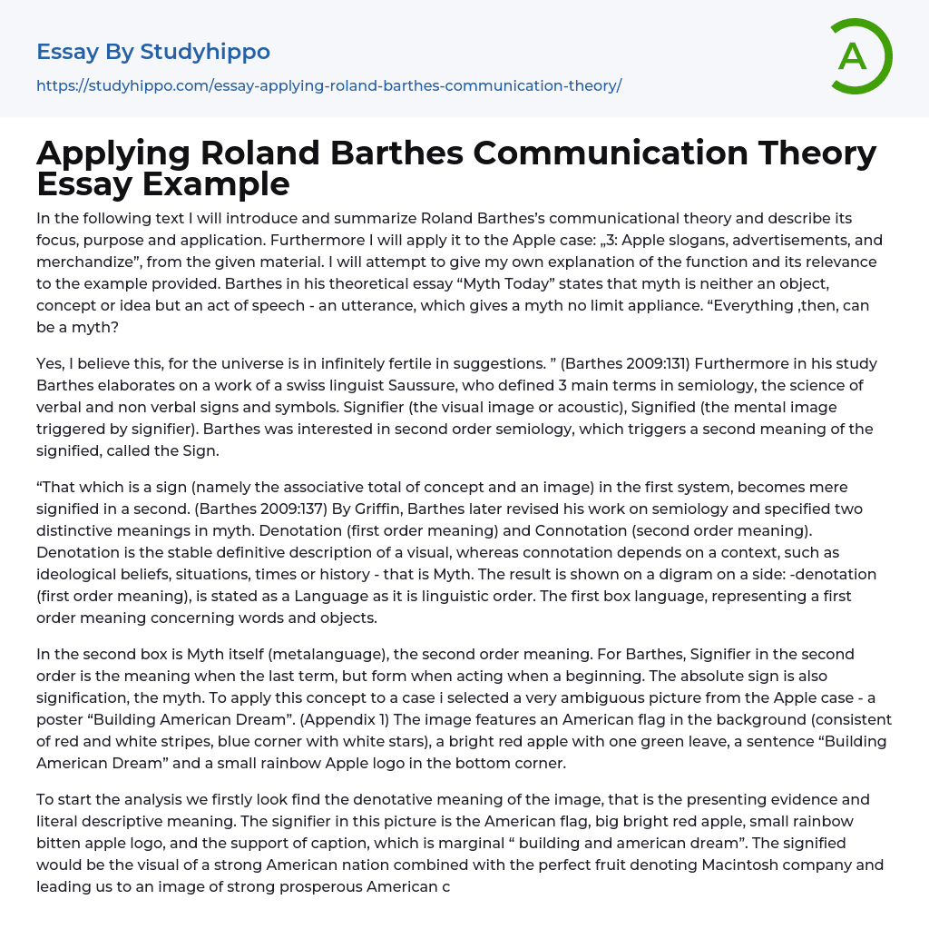 Applying Roland Barthes Communication Theory Essay Example
