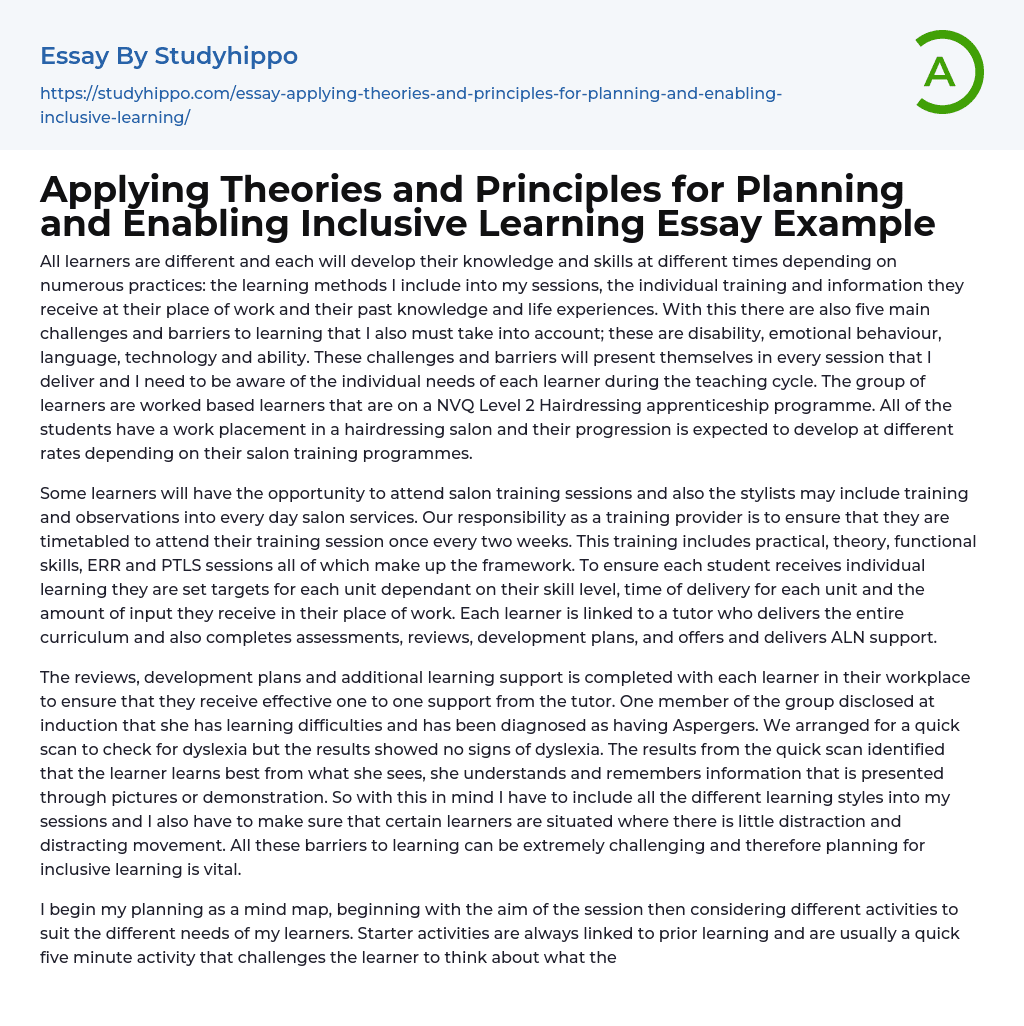 Applying Theories and Principles for Planning and Enabling Inclusive Learning Essay Example