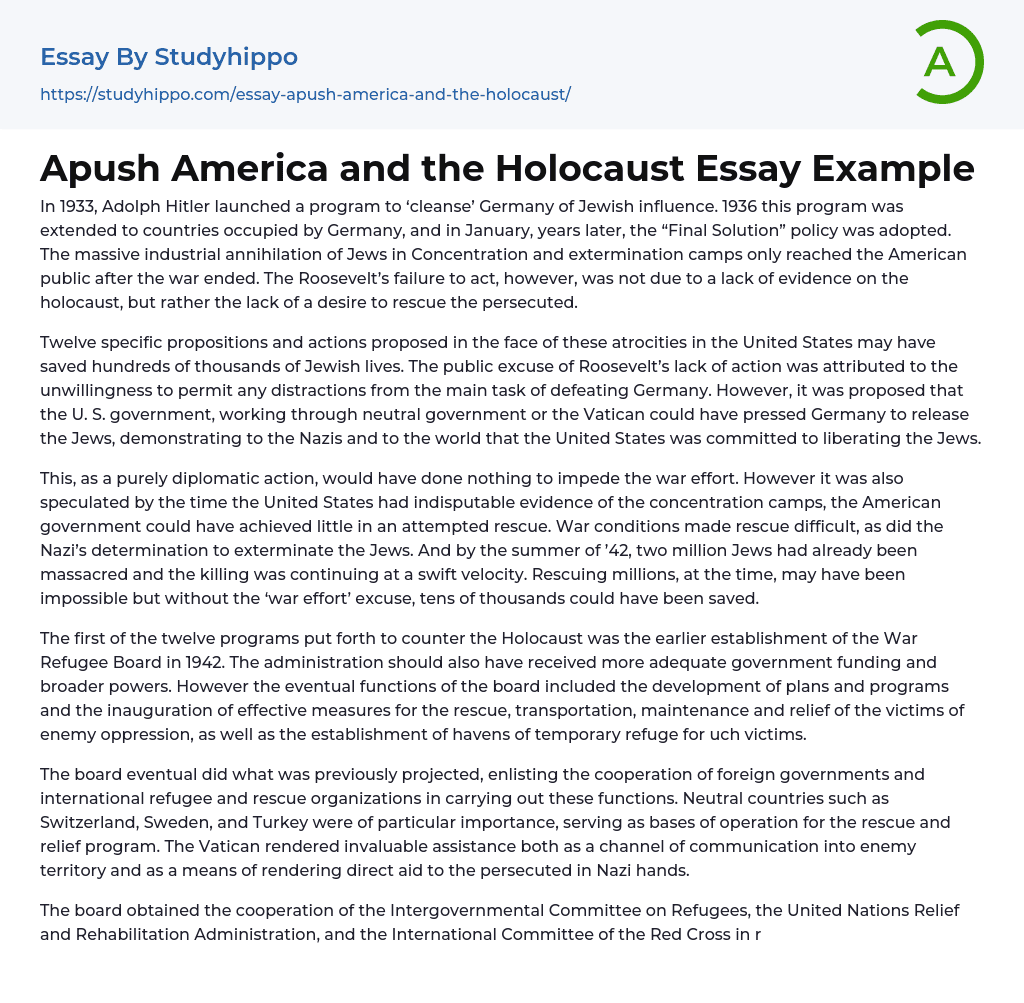 Apush America and the Holocaust Essay Example