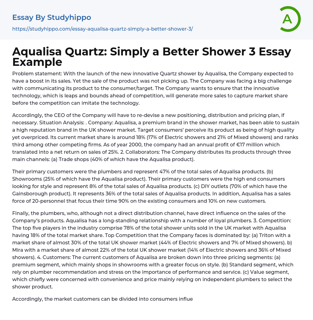Aqualisa Quartz: Simply a Better Shower 3 Essay Example