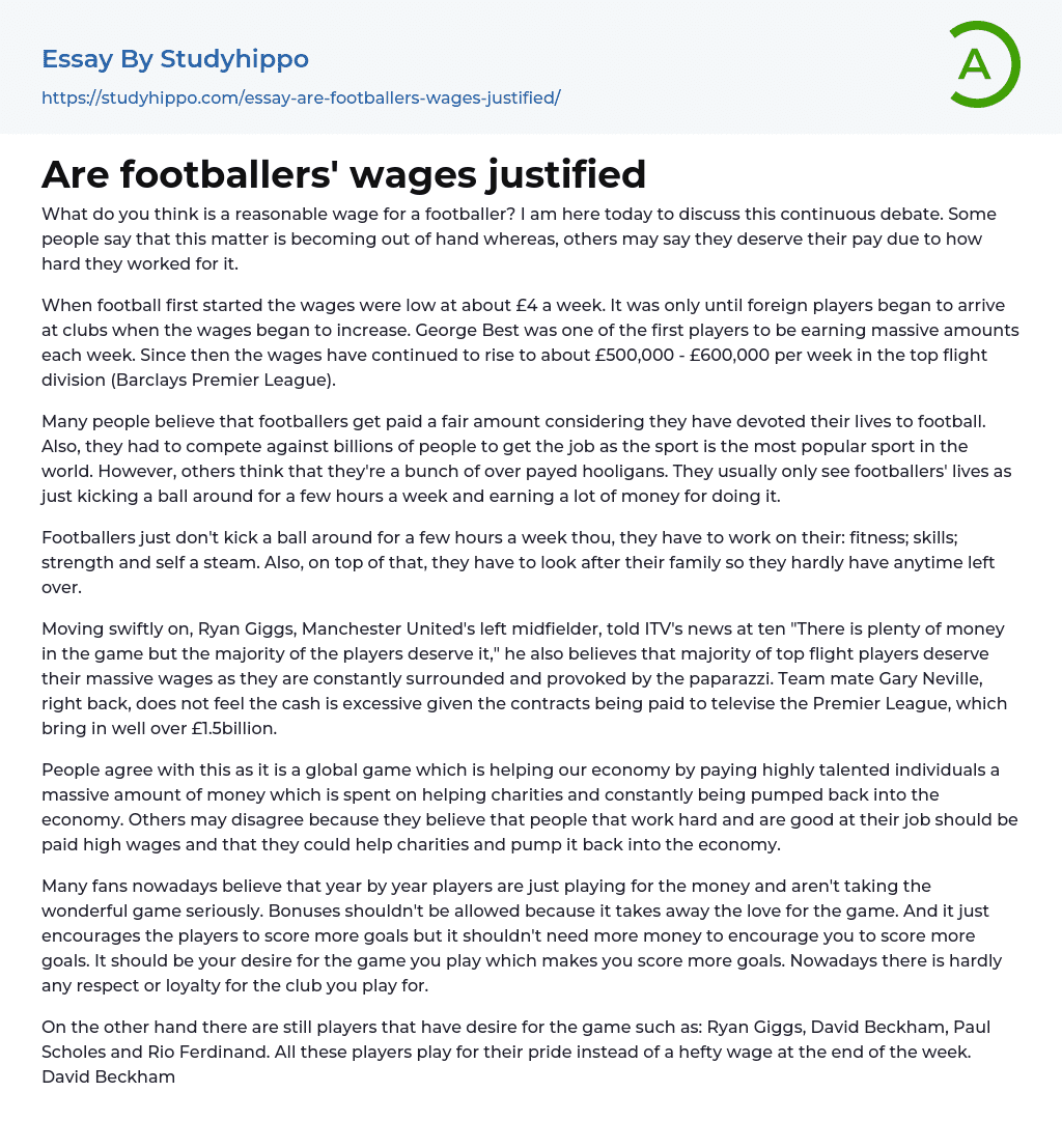 Are footballers’ wages justified Essay Example