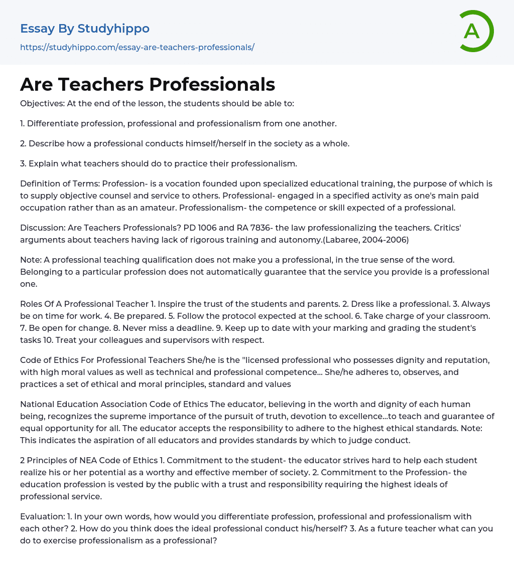 Are Teachers Professionals Essay Example