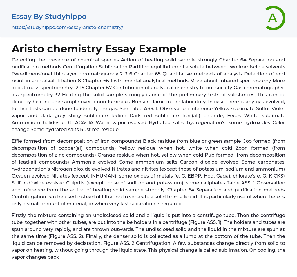 Aristo chemistry Essay Example