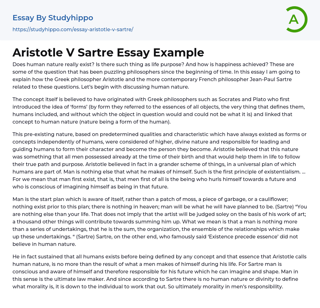 Aristotle V Sartre Essay Example