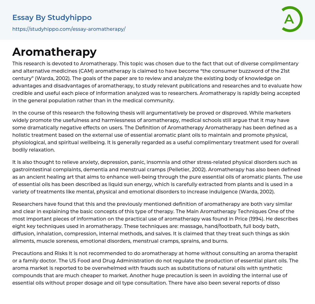 Aromatherapy Essay Example