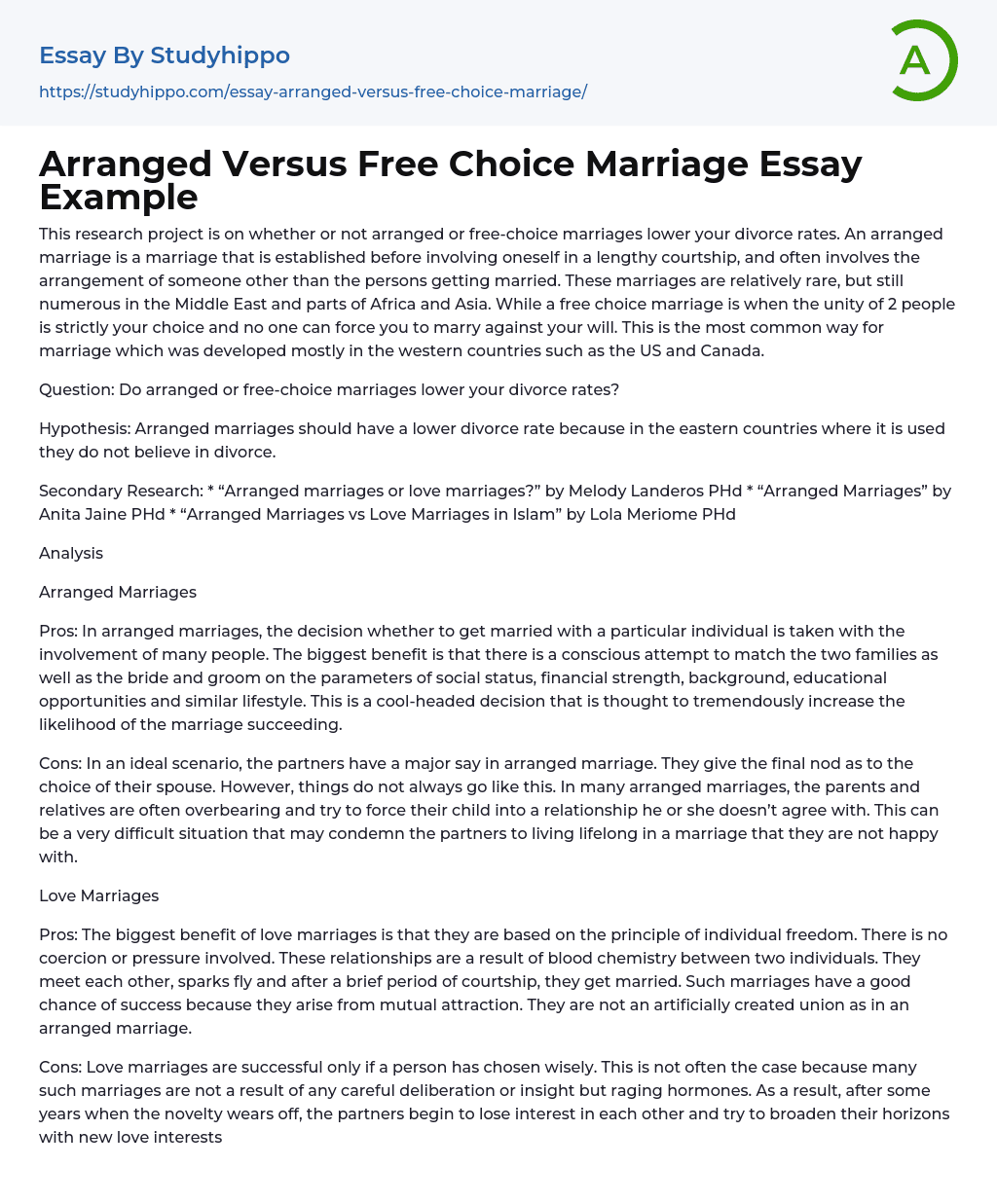 Arranged Versus Free Choice Marriage Essay Example