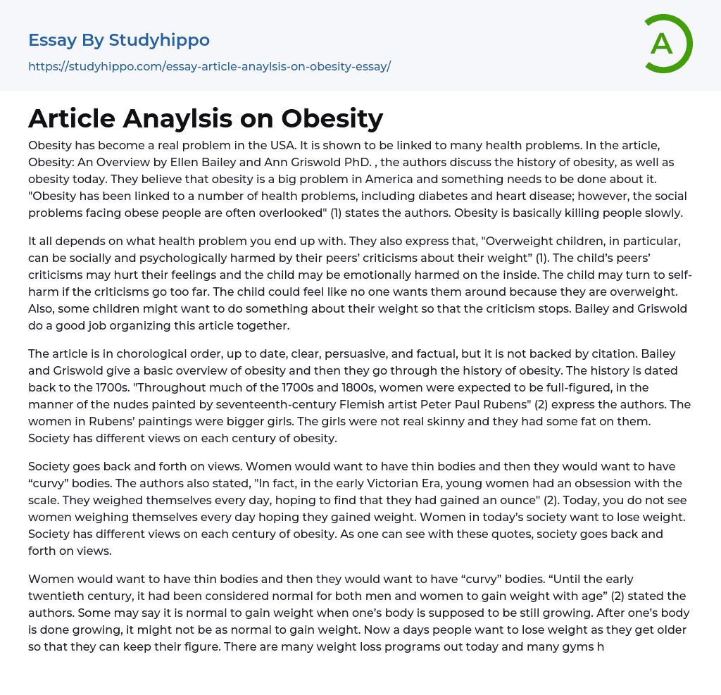Article Anaylsis on Obesity Essay Example