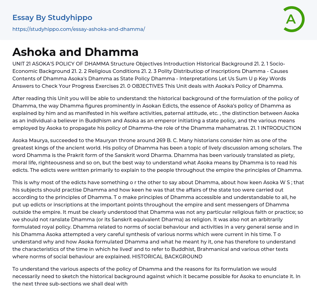 Asoka’s Policy of Dhamma Essay Example