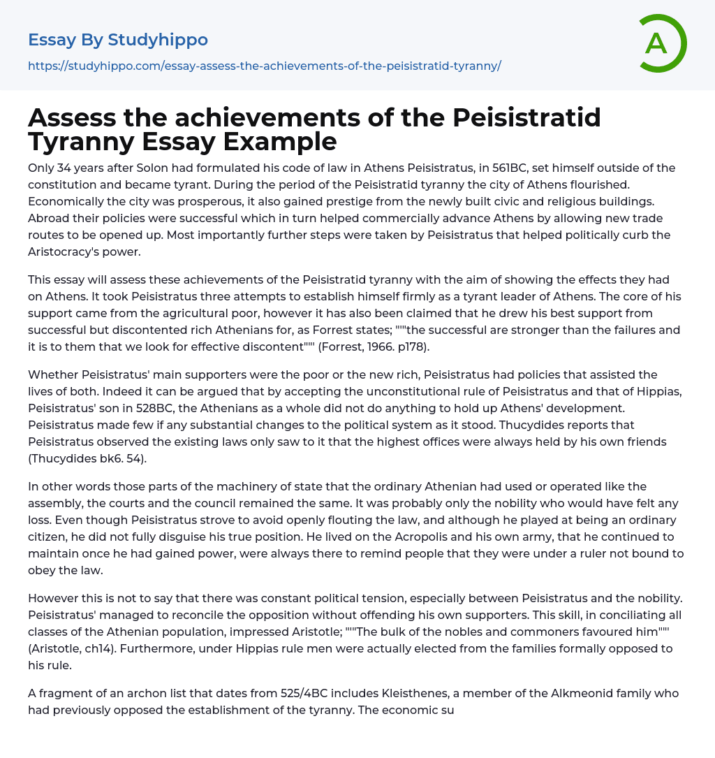 Assess the achievements of the Peisistratid Tyranny Essay Example