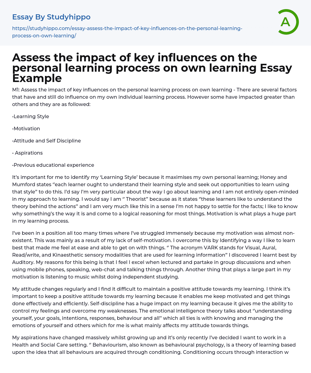 Assess the impact of key influences on the personal learning process on own learning Essay Example
