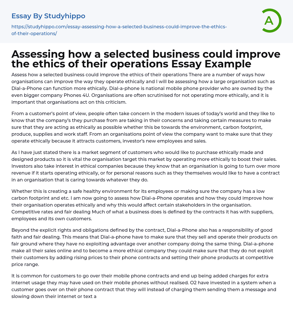 Assessing how a selected business could improve the ethics of their operations Essay Example