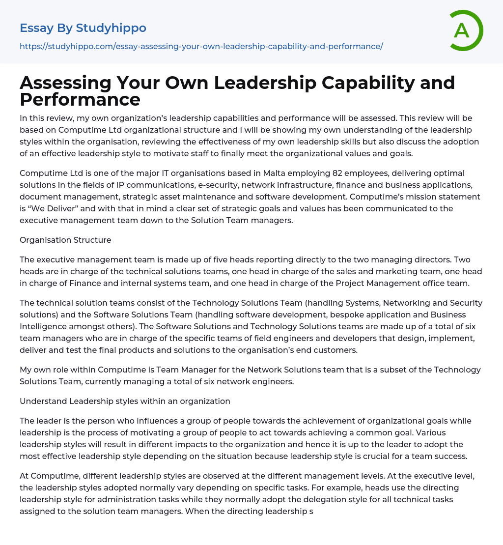 Assessing Your Own Leadership Capability and Performance Essay Example