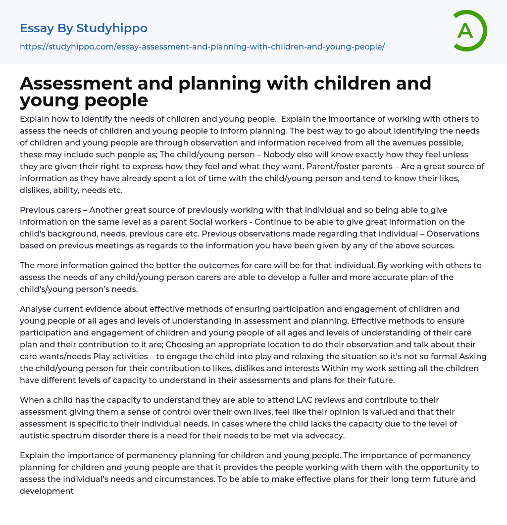 Assessment and planning with children and young people Essay Example