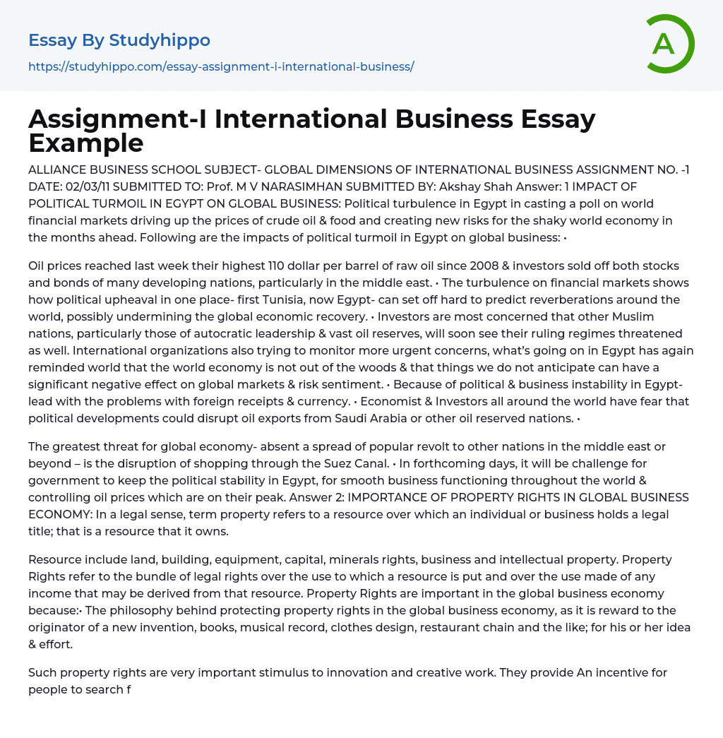 Global Dimensions of International Business Assignment Essay Example
