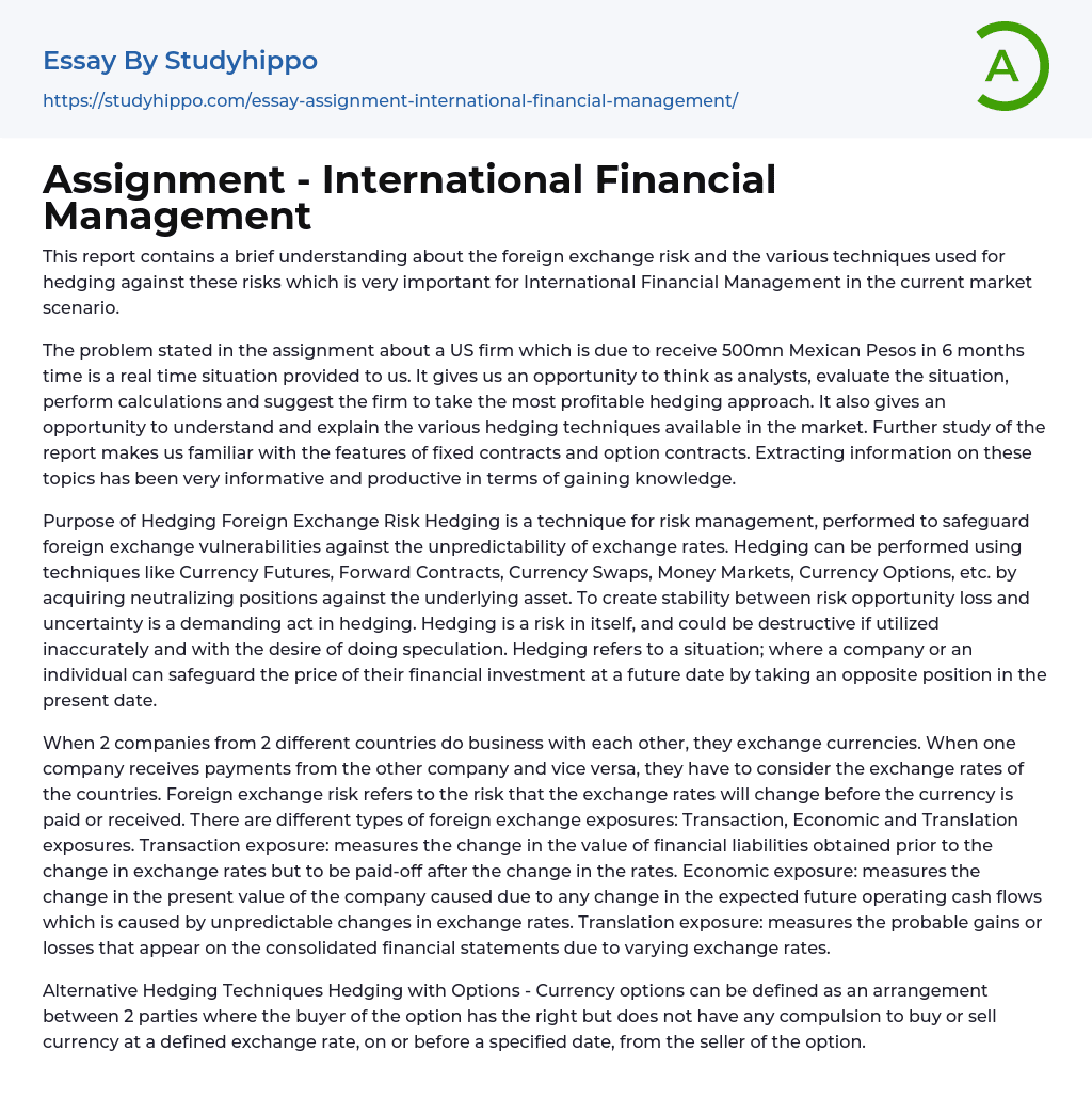 Assignment – International Financial Management Essay Example