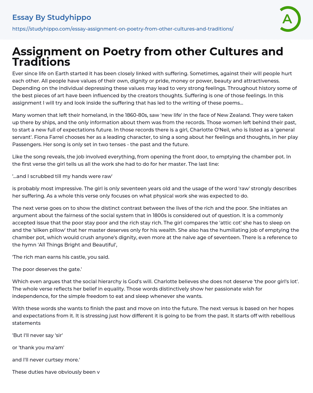 Assignment on Poetry from other Cultures and Traditions Essay Example