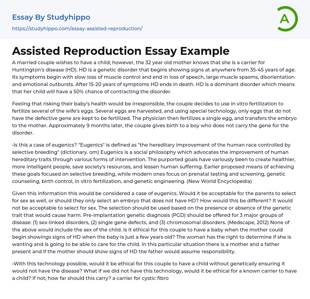 Assisted Reproduction Essay Example