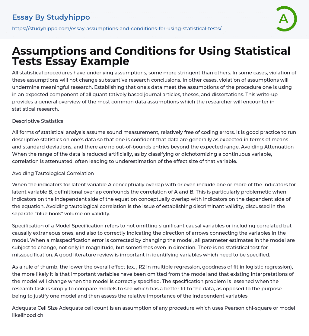 Assumptions and Conditions for Using Statistical Tests Essay Example