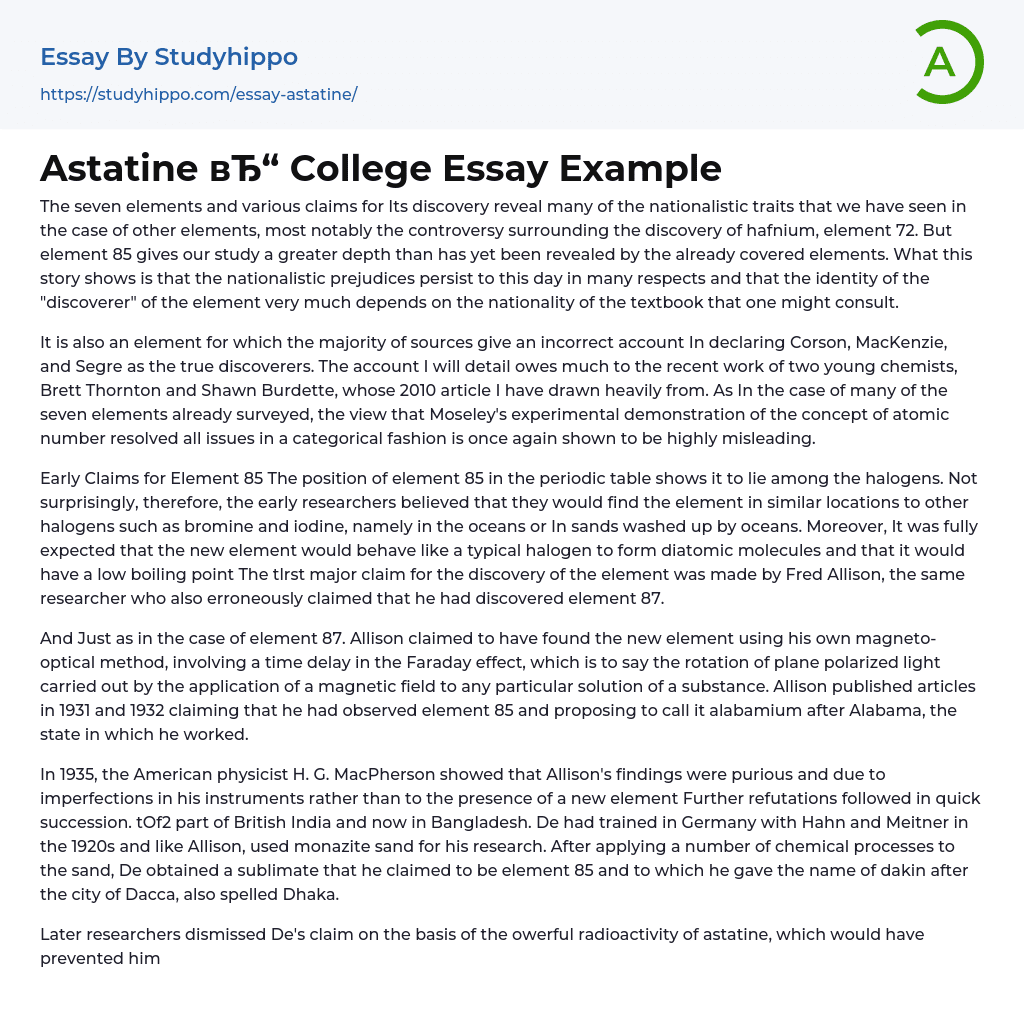 Astatine College Essay Example