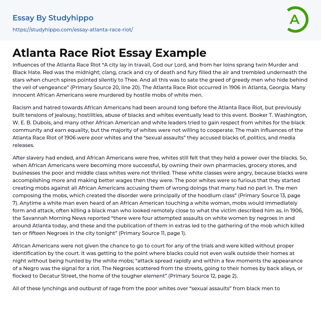 Atlanta Race Riot Essay Example
