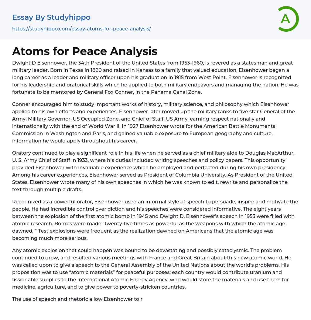 Atoms for Peace Analysis Essay Example