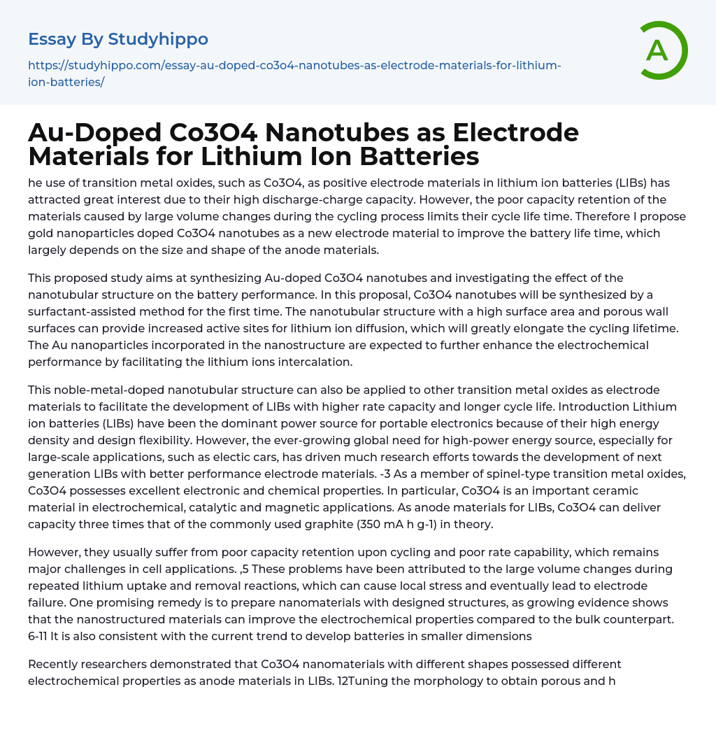 Au-Doped Co3O4 Nanotubes as Electrode Materials for Lithium Ion Batteries Essay Example