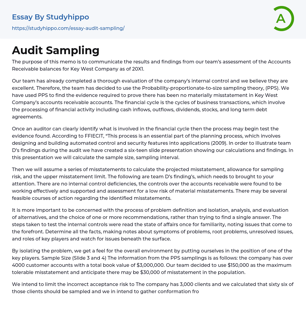 Audit Sampling Essay Example