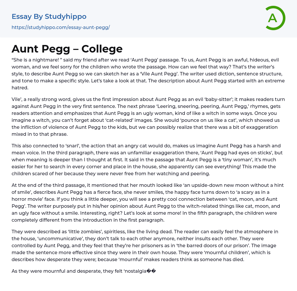 Aunt Pegg – College Essay Example