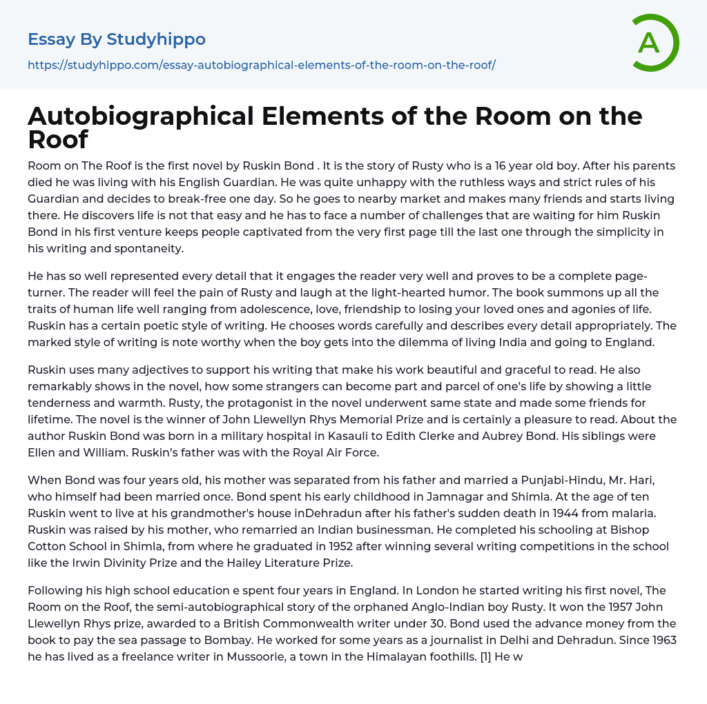 Autobiographical Elements of the Room on the Roof Essay Example