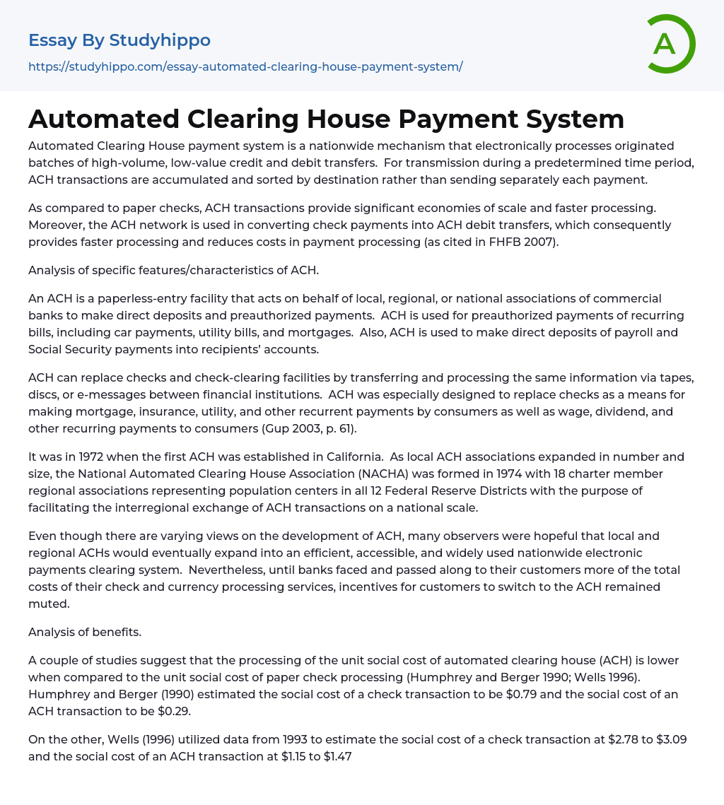 Automated Clearing House Payment System Essay Example