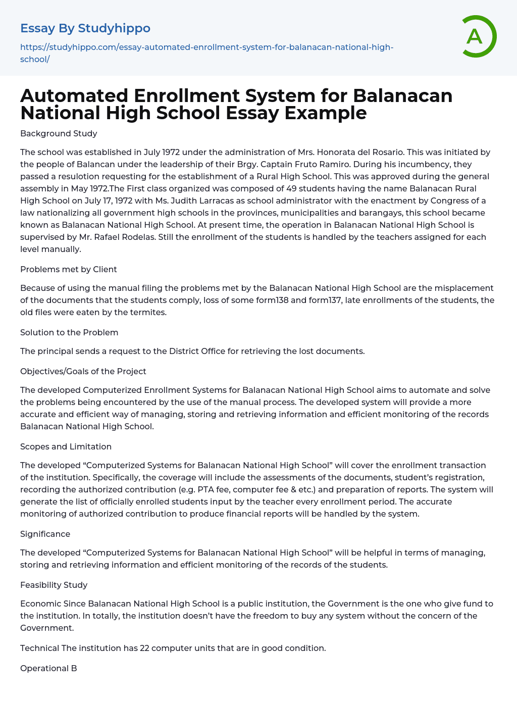 Automated Enrollment System for Balanacan National High School Essay Example