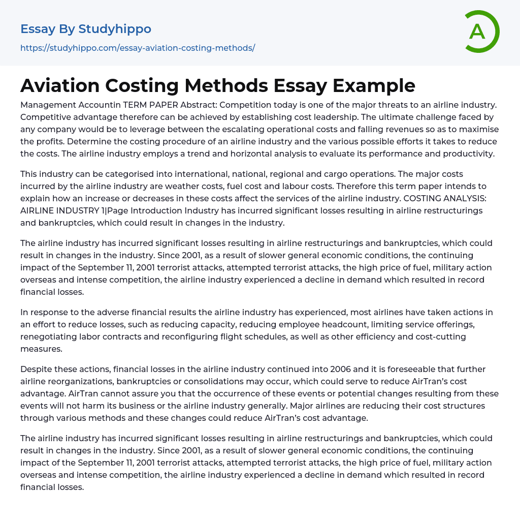 Aviation Costing Methods Essay Example