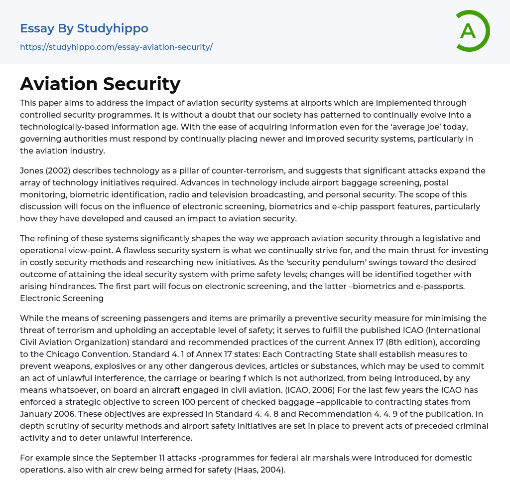 Aviation Security Essay Example