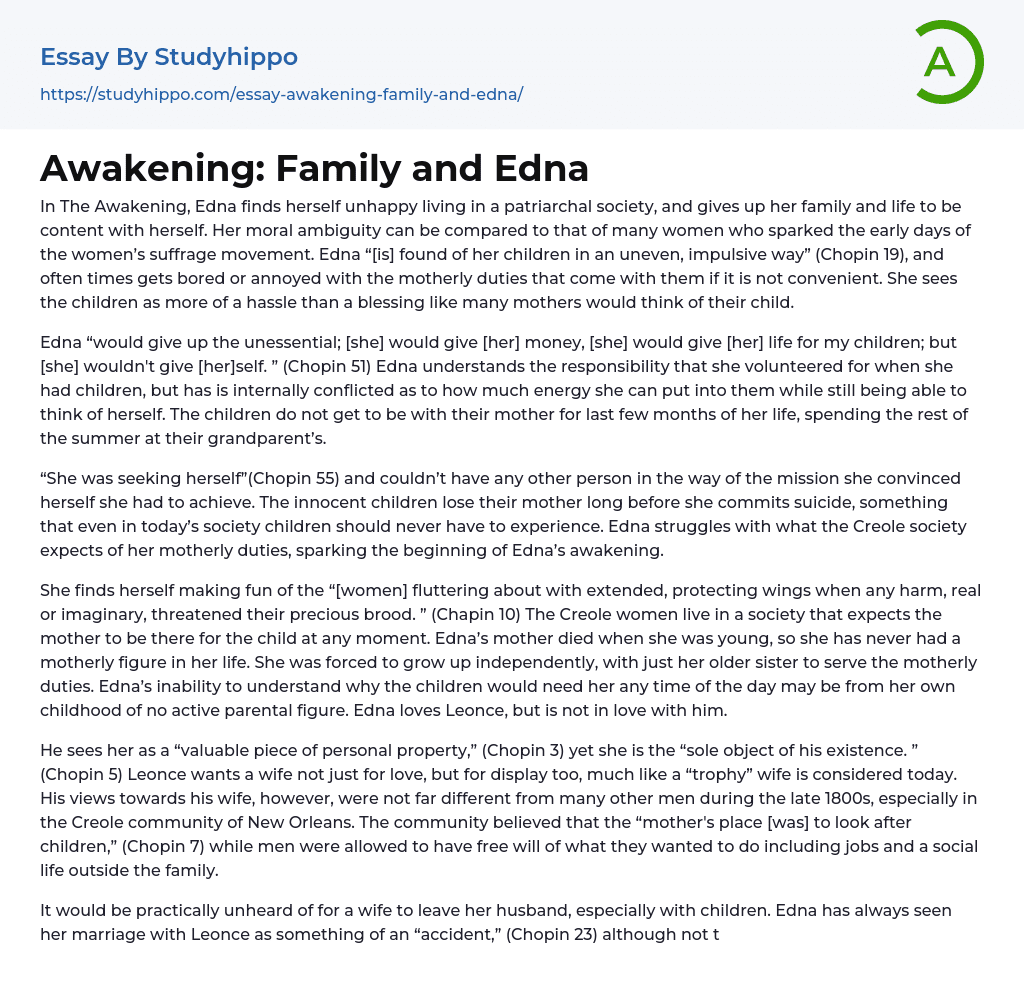 Awakening: Family and Edna Essay Example